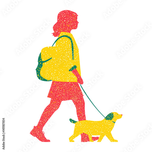 Side kid walking with dog person illustration silhouette vector