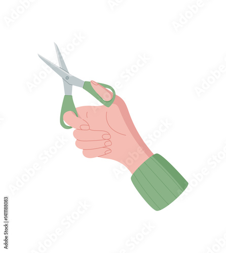 Hand holding scissors. Human character with a tool in a flat design. This gesture signifies creativity and action, ideal for concepts of crafting or DIY projects, in cartoon graphic style.