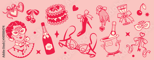 Flirty clip art. Ironic feminine eclectic set of chic baroque elements and fun bachelorette party items: champagne, bras, hearts, and heels. Perfect as stickers for planners, or coquette mood boards