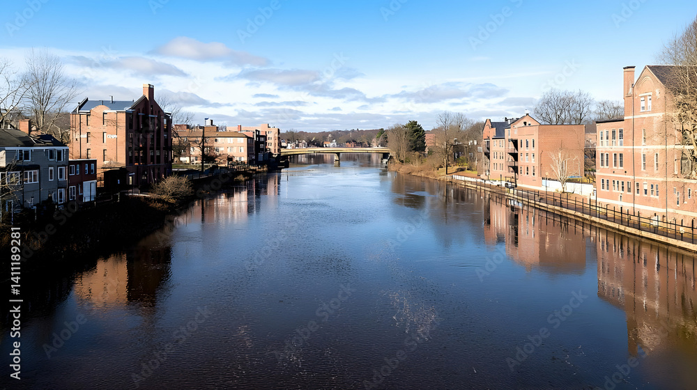 Obraz premium Panoramic View Of River With Brick Buildings