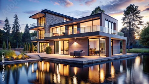 Modern Lakeside House Dusk Aerial Photography - Stunning Sunset Views, Luxury Waterfront Property