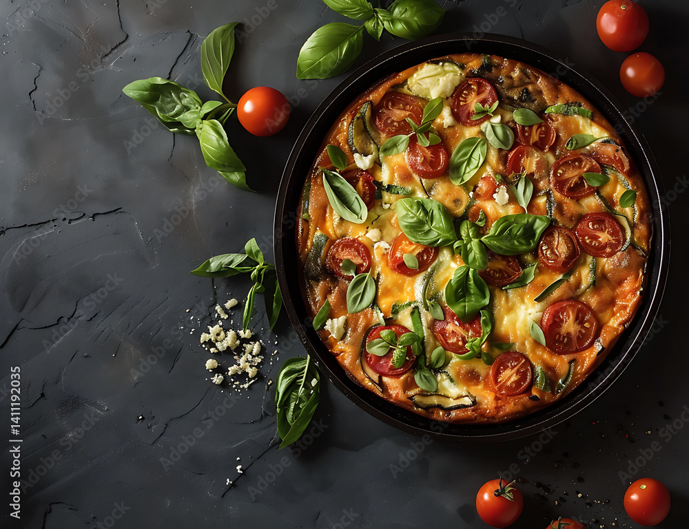 Frittata with tomatoes, basil, and cheese in a black pan on a dark concrete background. Fresh egg dish with a vegetable omelet or frittata for a healthy meal. Food photo on an isolated background. Frittata with tomatoes, basil, and cheese in a black pan on a dark concrete background. Fresh egg dish with a vegetable omelet or frittata for a healthy meal. Food photo on an isolated background.