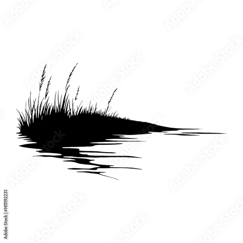 Simple lake linear illustration silhouette grass vector
