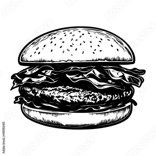 Simple beef burger linear art illustration drawing vector