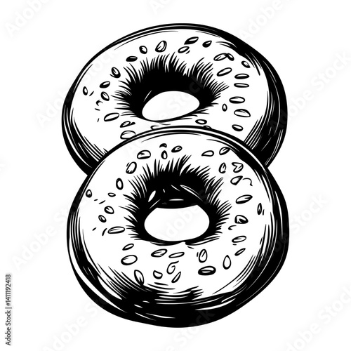 Simple three bagels with cream cheese linear illustration black white vector