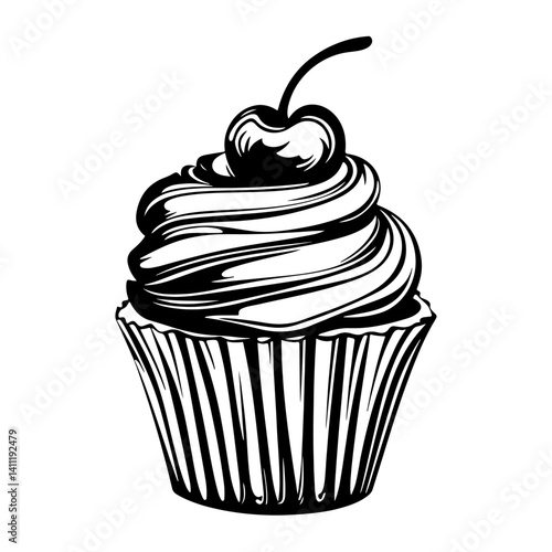 Simple cupcake cherry on top linear illustration dessert design vector