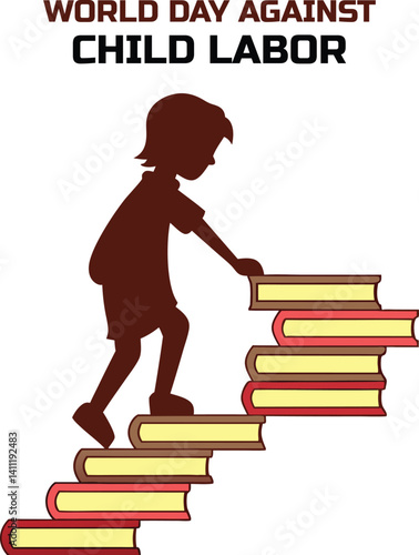 World Day Against Child Labor: A silhouette of a child climbing a staircase of books, symbolizing the journey towards education and freedom from exploitation.