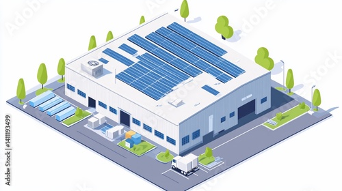 Isometric illustration of a modern warehouse with solar panels on the roof, surrounded by trees and a delivery truck.