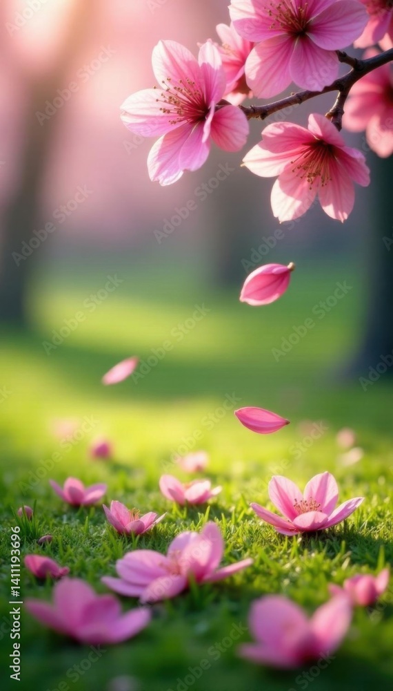 Gentle fall of abstract pink sakura petals on green grass, sakura trees, grass, season Gentle fall of abstract pink sakura petals on green grass, sakura trees, grass, season