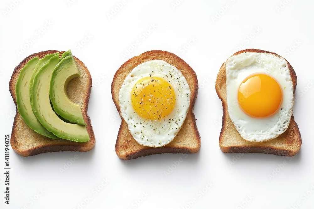 Mini toast set, avocado, egg, isolated Mini toast set, avocado, egg, isolated