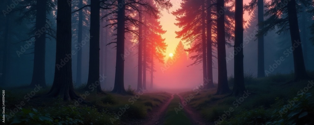 Dense forest at dusk with misty atmosphere and old trees standing tall, overgrown vegetation, trees Dense forest at dusk with misty atmosphere and old trees standing tall, overgrown vegetation, trees