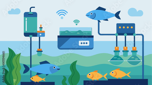 Sensors installed in the fish tanks to monitor water levels and automatically refill the tank as needed reducing manual labor for farmers.. Vector illustration