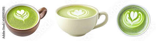 matcha latte art, three different mugs isolated on black