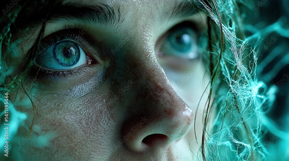 A surreal portrait of a human face merging with glowing neural synapses and fractal light patterns, capturing an emotional expression frozen in thought.