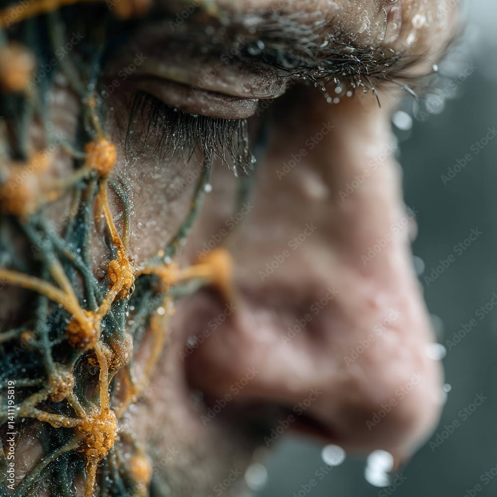 A surreal portrait of a human face merging with glowing neural synapses and fractal light patterns, capturing an emotional expression frozen in thought.