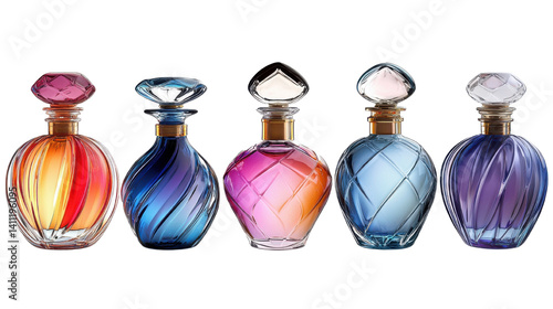 elegant perfume bottles on white background.