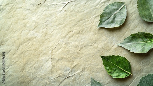 Close-up of recycled paper texture with bright green leaves embedded in it, detail of environmentally friendly sustainable material. Presented in natural tones of brown, beige and green.