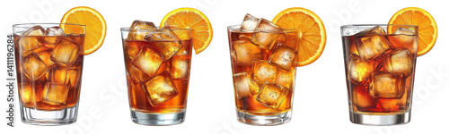 iced tea collection: glasses of cold drink with orange slice