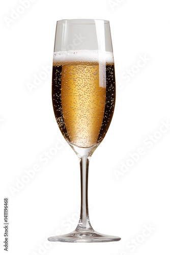 champagne flute with bubbles on white background