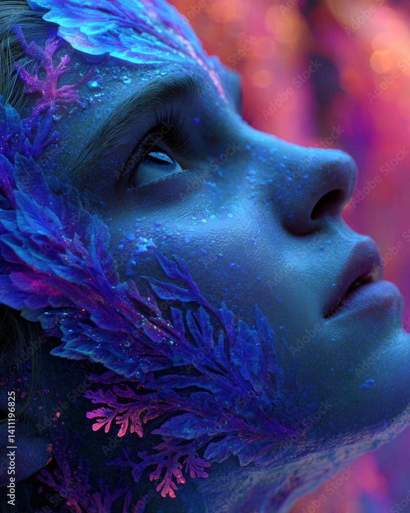 A surreal portrait of a human face merging with glowing neural synapses and fractal light patterns, capturing an emotional expression frozen in thought.