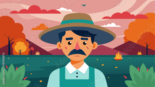 The farmers stoic expression betrays the anguish he feels as he witnesses his fields ravaged by an unexpected natural disaster.. Vector illustration