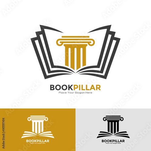 Pillar open book logo combination template. Scales and bookstore symbol or icon. 