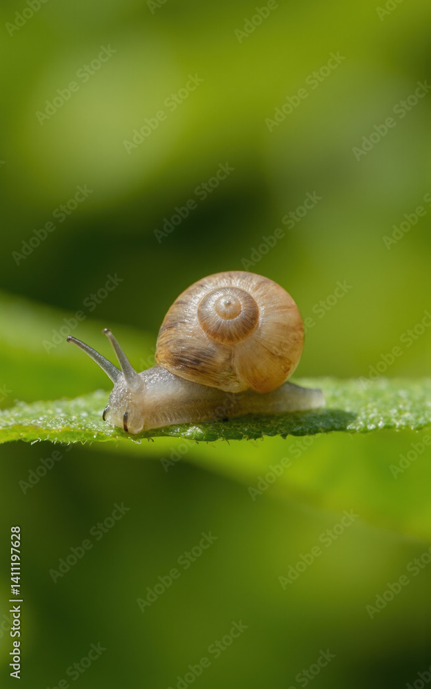 Tiny Snail Glows on Green Leaf with Intricate Shell Pattern. Tiny Snail Glows on Green Leaf with Intricate Shell Pattern.