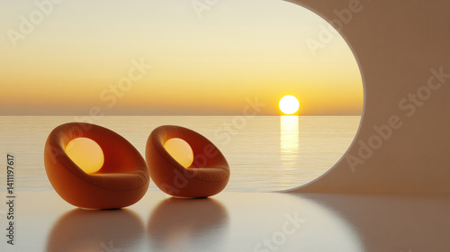 Two orange chairs are sitting on a balcony overlooking the ocean. The chairs are facing the sun as it sets, creating a warm and inviting atmosphere. Concept of relaxation and tranquility