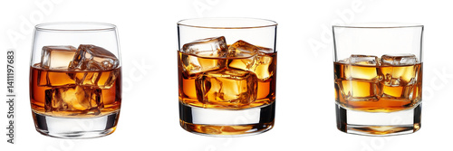 whiskey glasses with ice cubes on white background