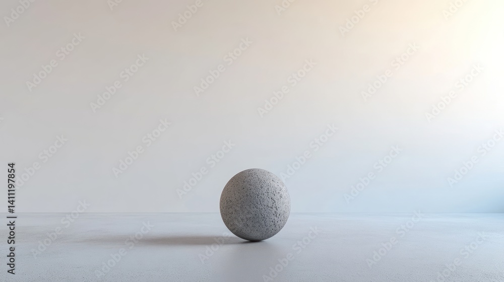 Minimalist Stone Sphere on Grey Floor Against White Wall Minimalist Stone Sphere on Grey Floor Against White Wall