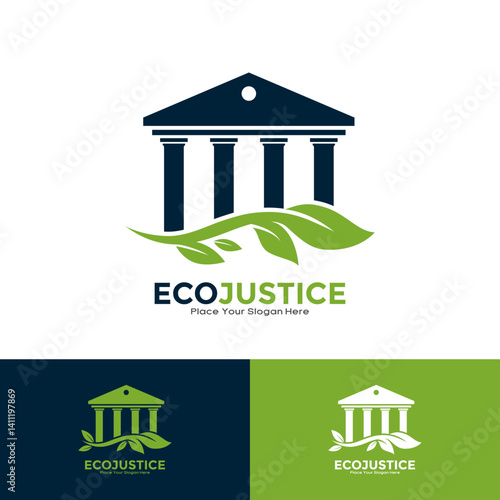 Eco justice courthouse with leaf vector logo template. Suitable for law office, law firm, attorney services, luxury logo design templates. Also for nature symbols 