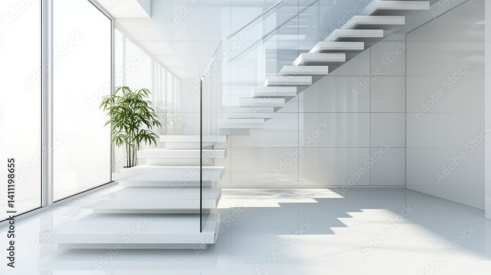 Fototapeta premium Modern Minimalist White Staircase Interior Design