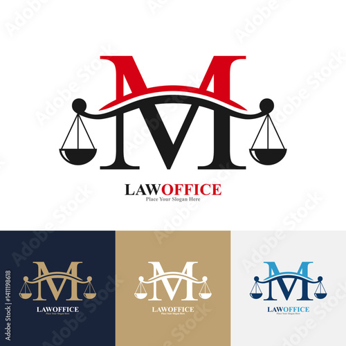 Law office letter M logo template vector. Suitable for lawyer, justice, law attorney, legal, lawyer service, scale, law firm, initial and label poster  