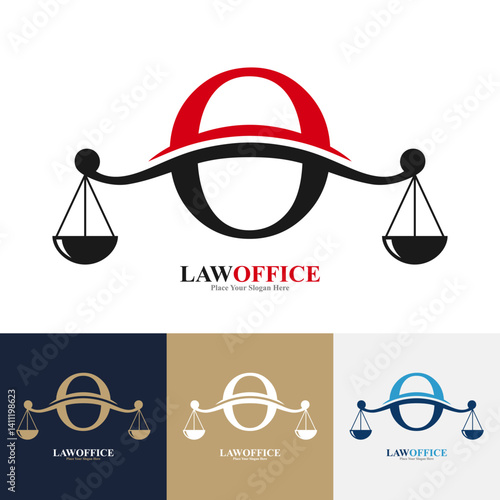 Law office letter O logo template vector. Suitable for lawyer, justice, law attorney, legal, lawyer service, scale, law firm, initial and label poster  