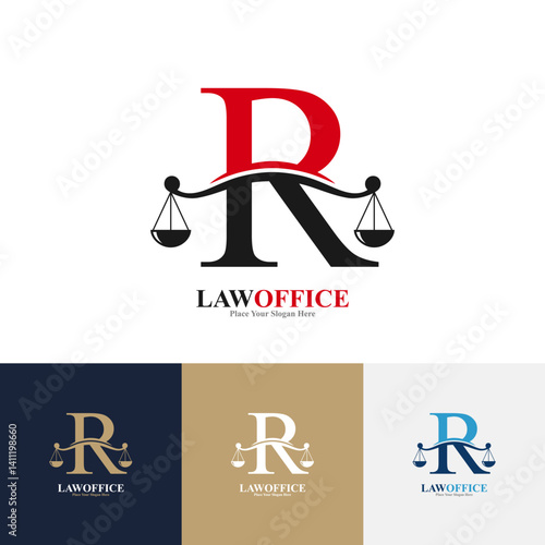 Law office letter R logo template vector. Suitable for lawyer, justice, law attorney, legal, lawyer service, scale, law firm, initial and label poster  