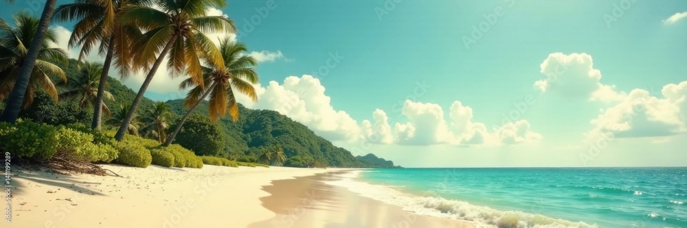Obraz premium Vintage toned palm trees along sandy ocean shore, sun, warm