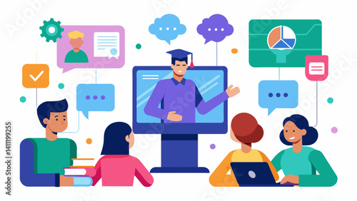 A virtual classroom platform uses machine learning to analyze student behavior and learning patterns providing realtime feedback to both students and teachers on areas of. Vector illustration