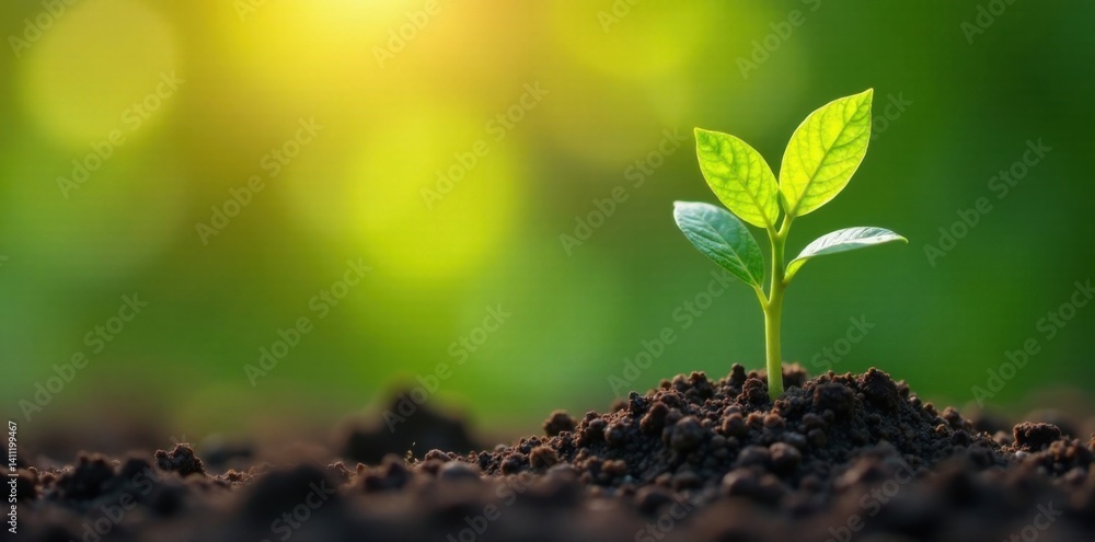 Tiny sapling emerges from soil, reaches for sunlight, growing, green