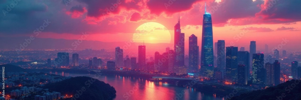 Fototapeta premium Futuristic cityscape at dawn with sleek skyscrapers and neon lights, modernity, , futuristic city