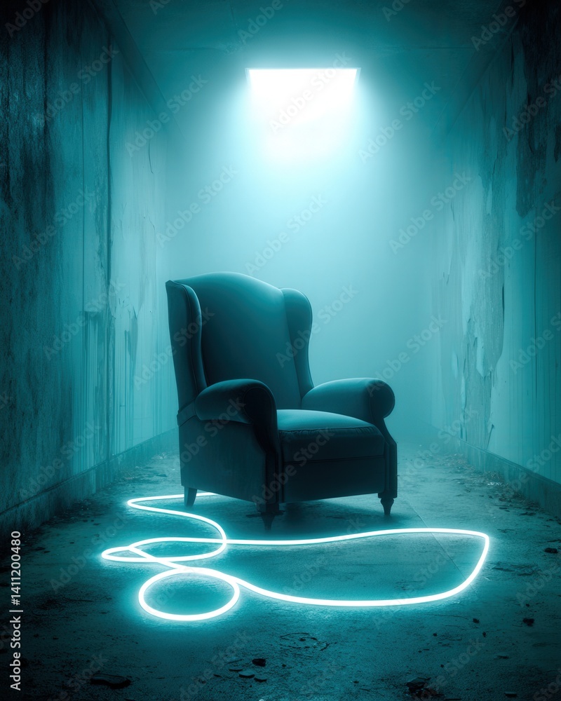 An old-fashioned armchair in a digital desert, glowing wires like roots, a person curled under a blanket of scrolling feeds, melancholic cinematic mood.