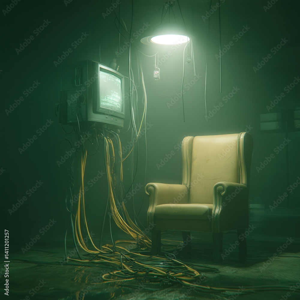 An old-fashioned armchair in a digital desert, glowing wires like roots, a person curled under a blanket of scrolling feeds, melancholic cinematic mood.