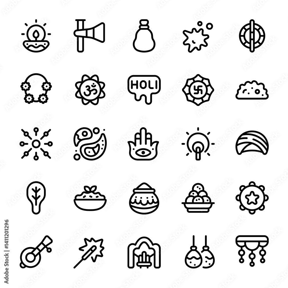 Fototapeta premium Holi Festival icon set with line style, perfect for user interface projects