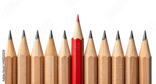 Creative concept image of red pencil standing out among group of ordinary wooden pencils on white background