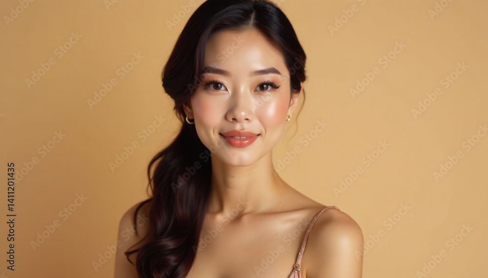 Elegant Asian woman with luxurious makeup and elegant outfit on beige background , beauty, high end Elegant Asian woman with luxurious makeup and elegant outfit on beige background , beauty, high end