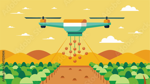 Efficiency and accuracy achieved as a drone evenly distributes seeds across a large plot of land reducing manual labor.. Vector illustration