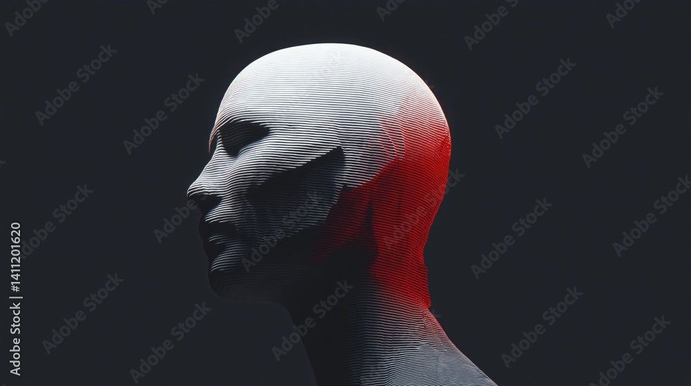 Sculptural representation of a human figure with textured surface in a dark background.