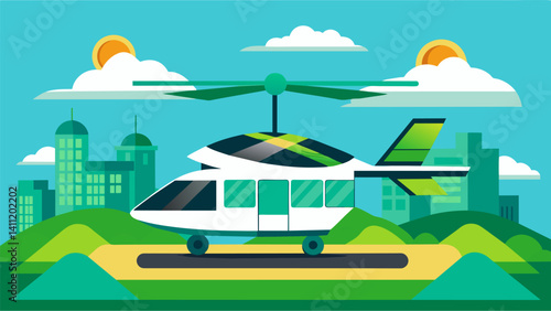 An air taxi gracefully lands on a rooftop helipad its green energy source ensuring it emits no harmful emissions.. Vector illustration