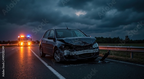 Damaged car on highway during night with emergency vehicle nearby  