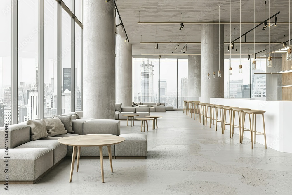 Contemporary lounge area with city views featuring modern furniture and open space Contemporary lounge area with city views featuring modern furniture and open space