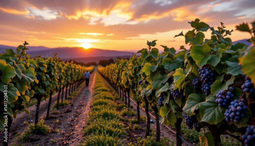 Naklejka premium A picturesque vineyard at sunset, with rows of grapevines heavy with clusters of plump grapes, workers moving swiftly to harvest the fruit before nightfall.
